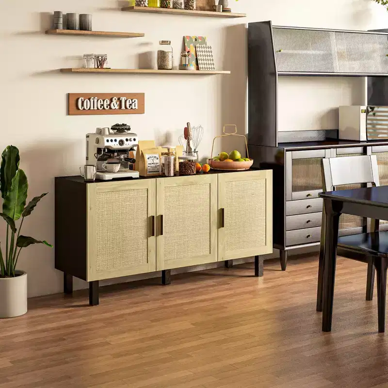 Boho Kitchen Cabinet, Buffet Cabinet with 3 Rattan Doors and Adjustable Shelves for Dining Room