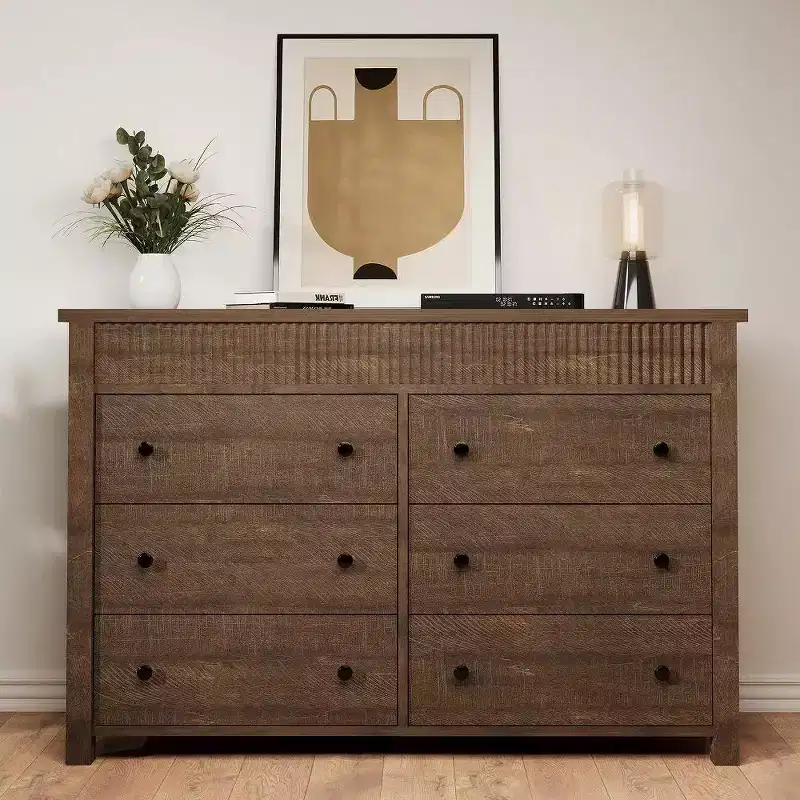 6-Drawer Dresser & TV Stand with Fluted Detailing, Wooden Storage Organizer for Bedroom, Living Room, or Hallway