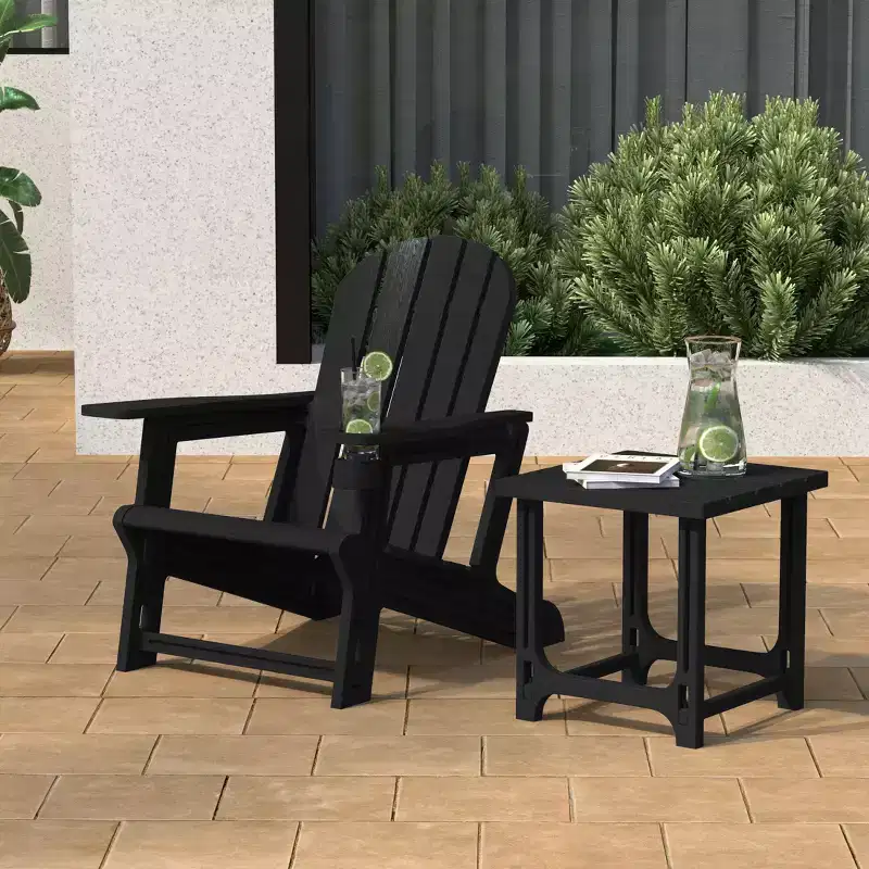 WestinTrends Azura 2-Piece HDPE Plastic Adirondack Patio Chair With 18 Side Table Set, Black