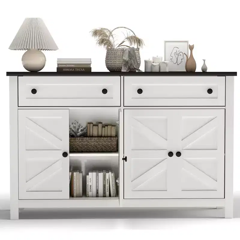 55.1in White Sideboard Buffet - Modern Farmhouse Storage Cabinet with Drawers/Doors (Coffee Bar Compatible)