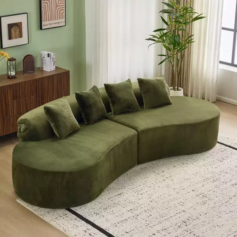 Modern and simple curved flannelette sofa. Creative multi-seater for the living room, with a combination of pillows.