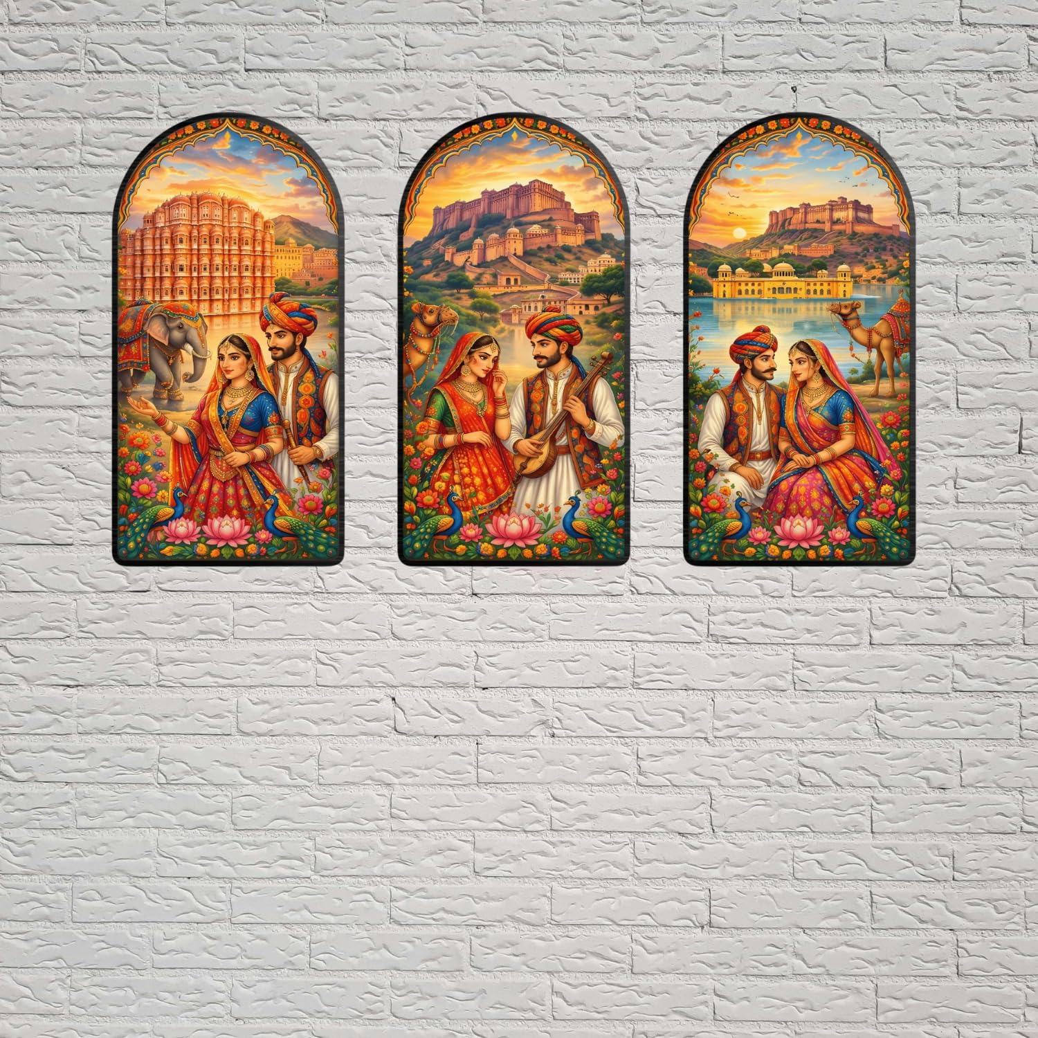 Premium Royal Rajasthani Couple Wall Art | Hawa Mahal, Amber Fort & Jal Mahal Background | Traditional Indian Heritage Wooden Wall D¨¦cor Panels for Living Room, Bedroom & Office (12 Inches )