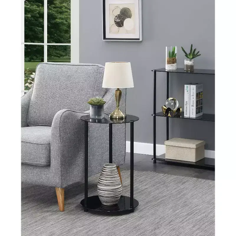 HomeStock Belmont Glass 2 Tier Round End Table, Contemporary Accent Side Table with Tempered Glass Shelves and Stainless Steel Legs