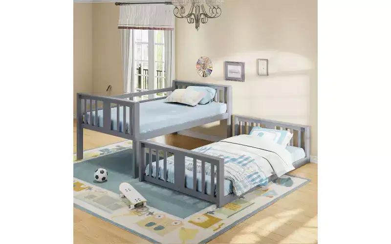 Zevemomo Low Twin Over Twin Bunk Bed, Solid Pine Wood Frame with Built-in Ladder, Converts to 2 Twin Beds, Space-Saving Floor Bed for Bedroom,Gray