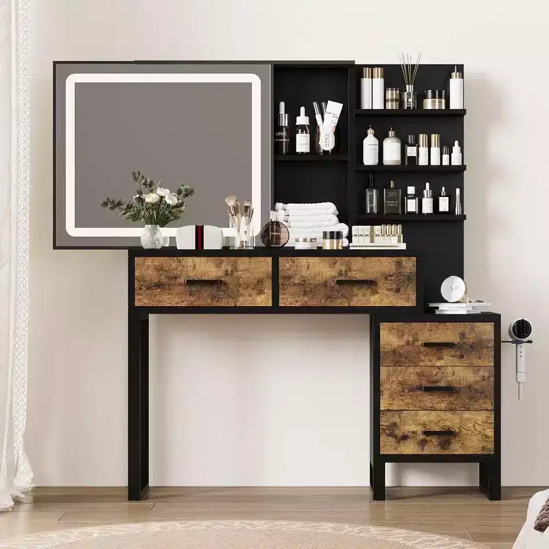 Vanity Desk with Mirror and Lights, Makeup Vanity Desk with Sliding Lighted Mirror, 3 Lighting Modes, 5 Large Drawers and 3 Tiers, for Bedroom, Black