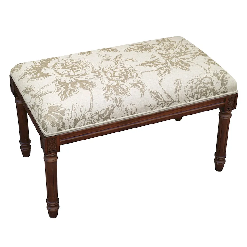 Taupe Upholstered Bench with Wood Stain Finish