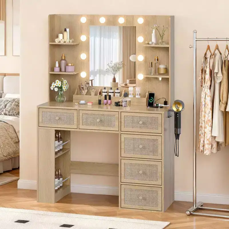 White Vanity Dressing Table with 6 Drawers, 3 Compartments, Dimmable Lighting and Built-In Power Strip