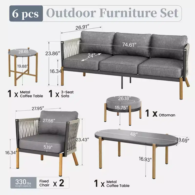 Captiva Designs 6pc Modern Outdoor Patio Woven Rope Sofa Conversation Set with Ottoman