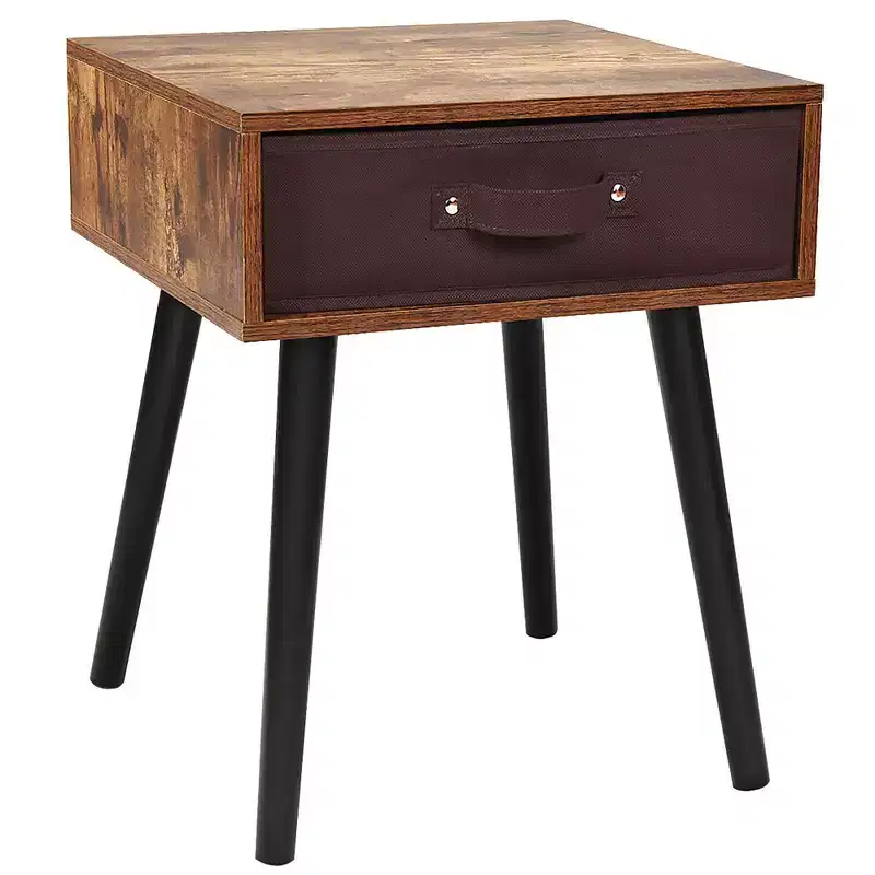 Mid-Century Accent Bedside Table W/ Fabric Drawer Rustic Brown