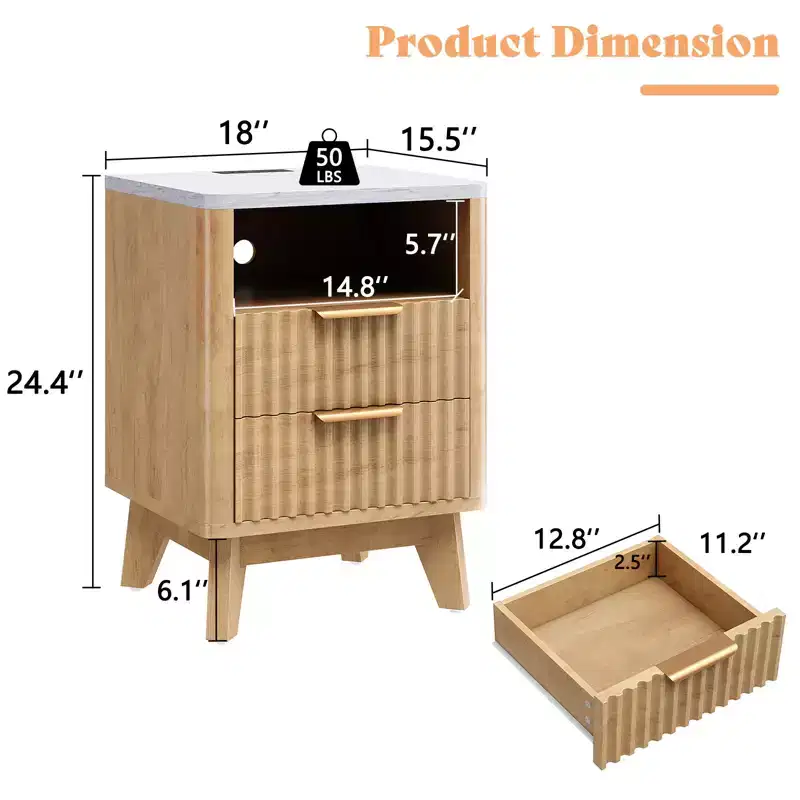 AMERLIFE Fluted Nightstand with Charging Station and Faux Marble Top