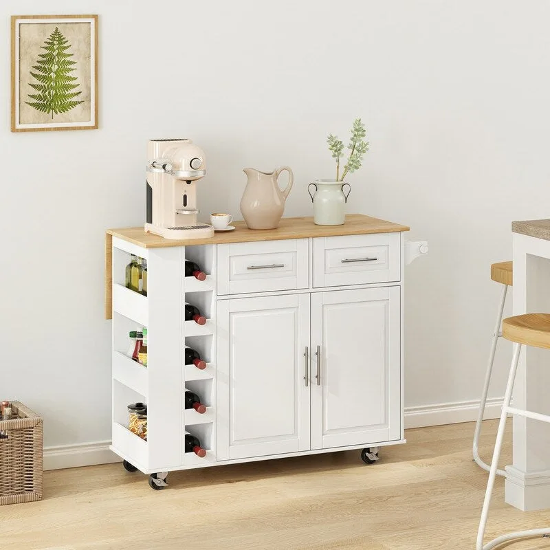 Grondin Multi-Functional Kitchen Island Cart with Solid Wood Drop Leaf, 2 Doors, 2 Drawers,Wine Rack and Spice Rack