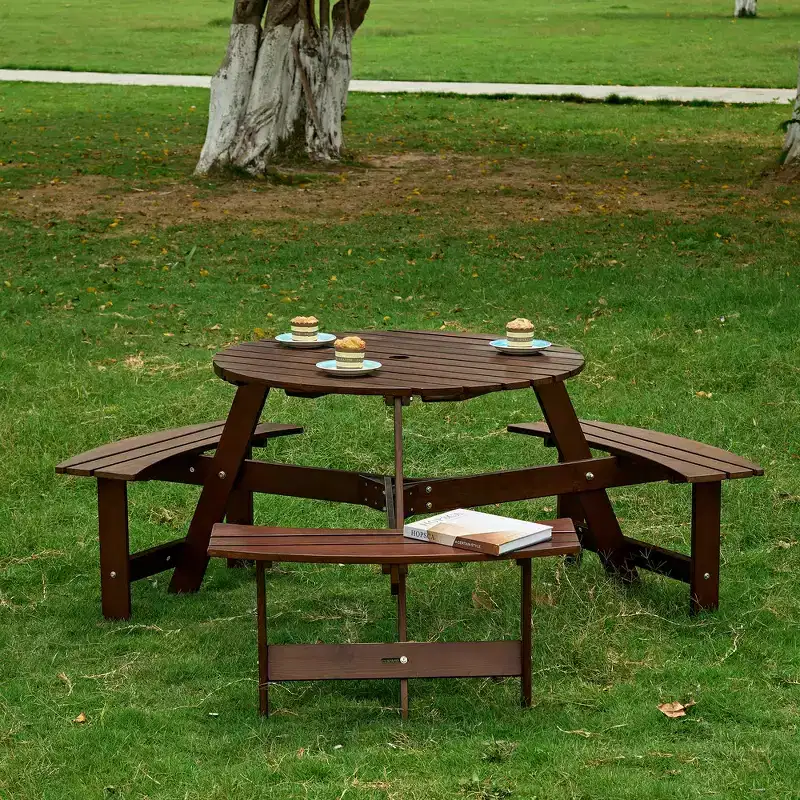 Whisen Outdoor 8 Person Round Picnic Table, Outside Table and Bench Set, Patio Dining Sets with 4 Built-in Benches, Umbrella Hole