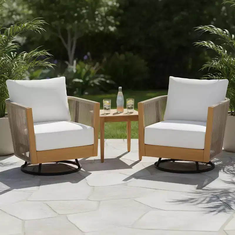 Christopher Knight Home Minh Modern 3 Piece Acacia Patio Swivel Chairs with Rope Design and Slatted Table Set