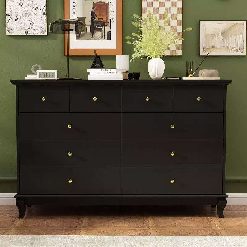 10-Drawer Horizontal Dresser with Round Metal Knobs, Modern Chest of Drawers for Bedroom
