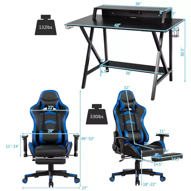Costway Gaming Desk&Massage Gaming Chair Set w/ Footrest Monitor Shelf Power Strip Blue