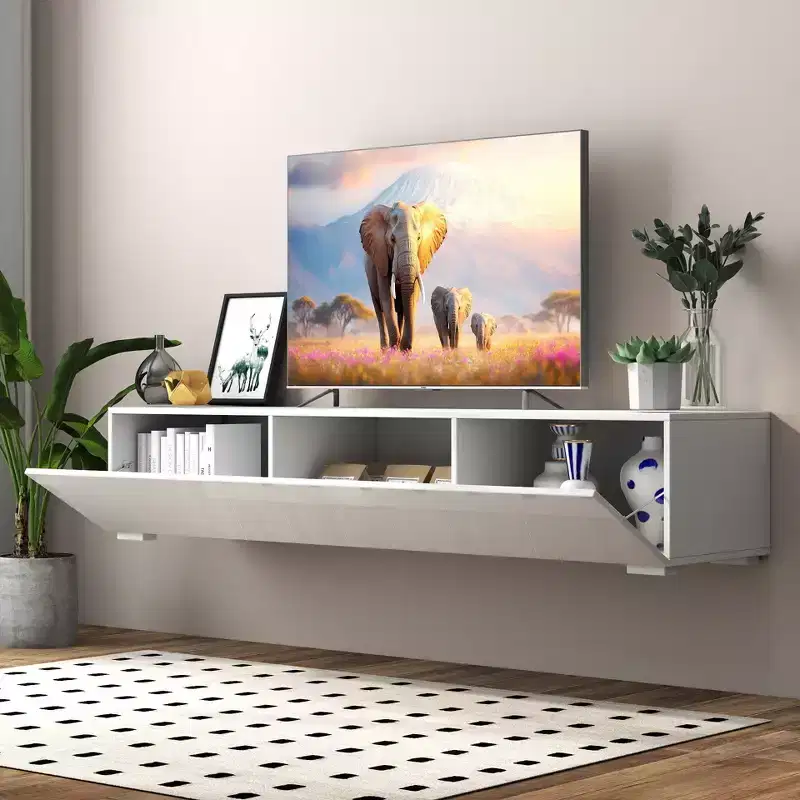 63-inch Modern Entertainment Center with Drop-Down Cabinet Doors, Media Cabinet with Storage, Suitable for Living Room, White