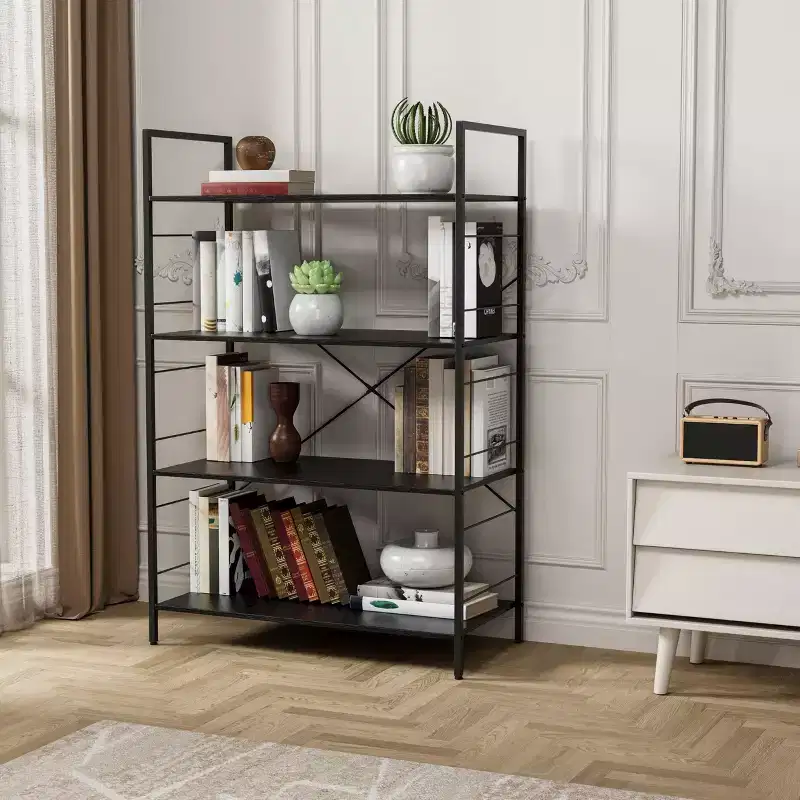 4 Tier Bookshelf, Large Bookcase with Steel Frame, Industrial Book Shelves for Home Office, Living Room, Rustic Book Shelf Organization and Storage