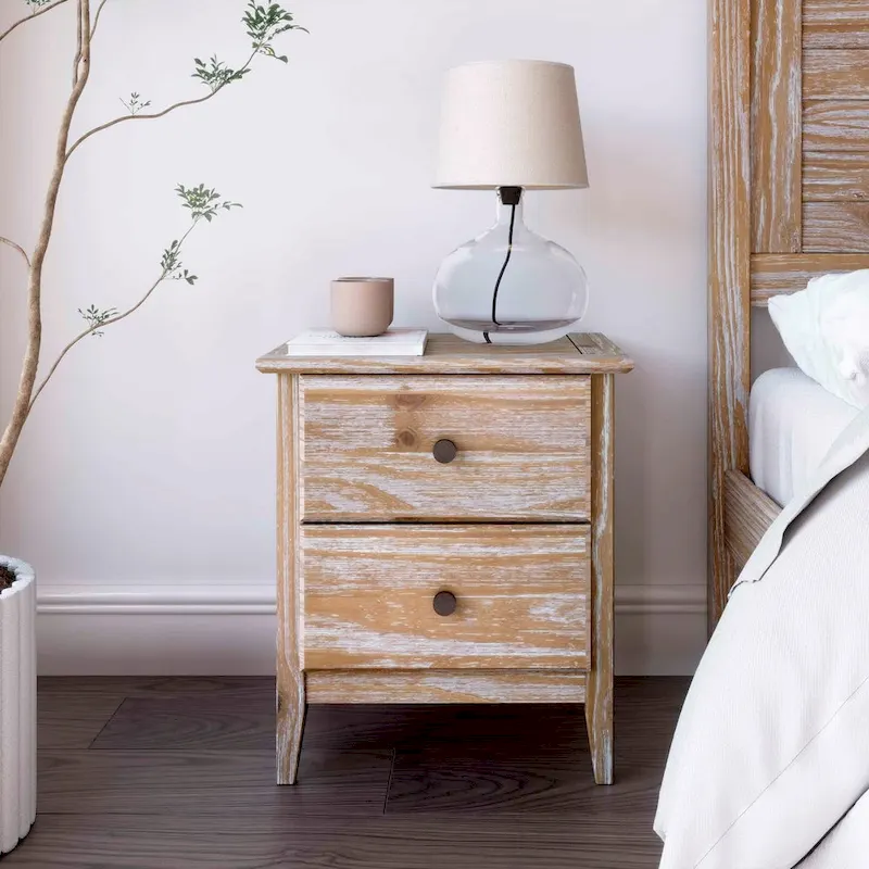 Solid Pine Wood 2-Drawer Nightstand with Metal Glides and Knobs – Brushed Grey / Brushed White / Brushed Driftwood / Brushed Walnut, 1-Unit