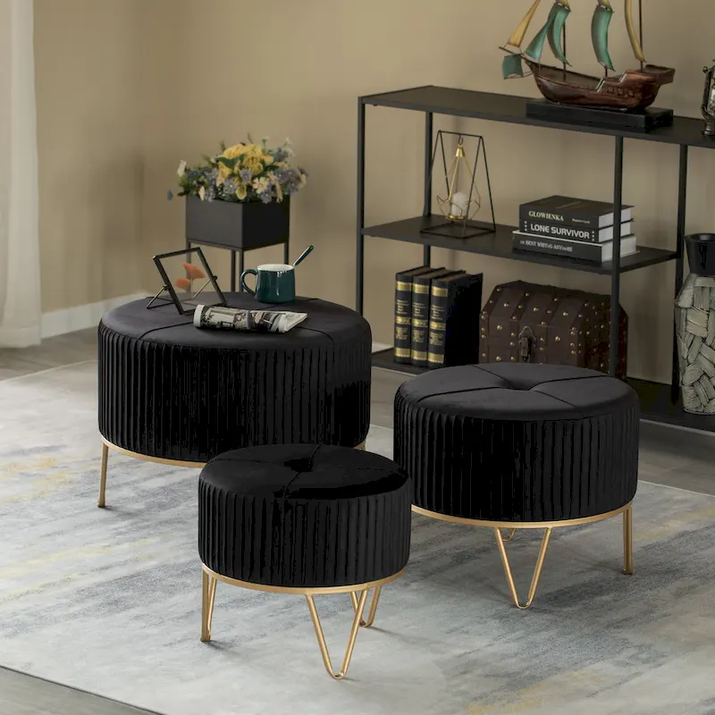 Round Velvet Ottoman Stool Raised with Hairpin Gold Base