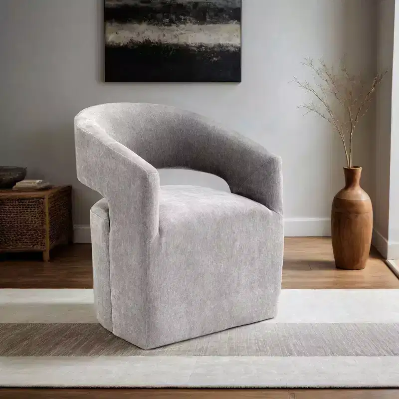 Barrel-Back Accent Chair with Pedestal Base, Casters & Neutral Fabric