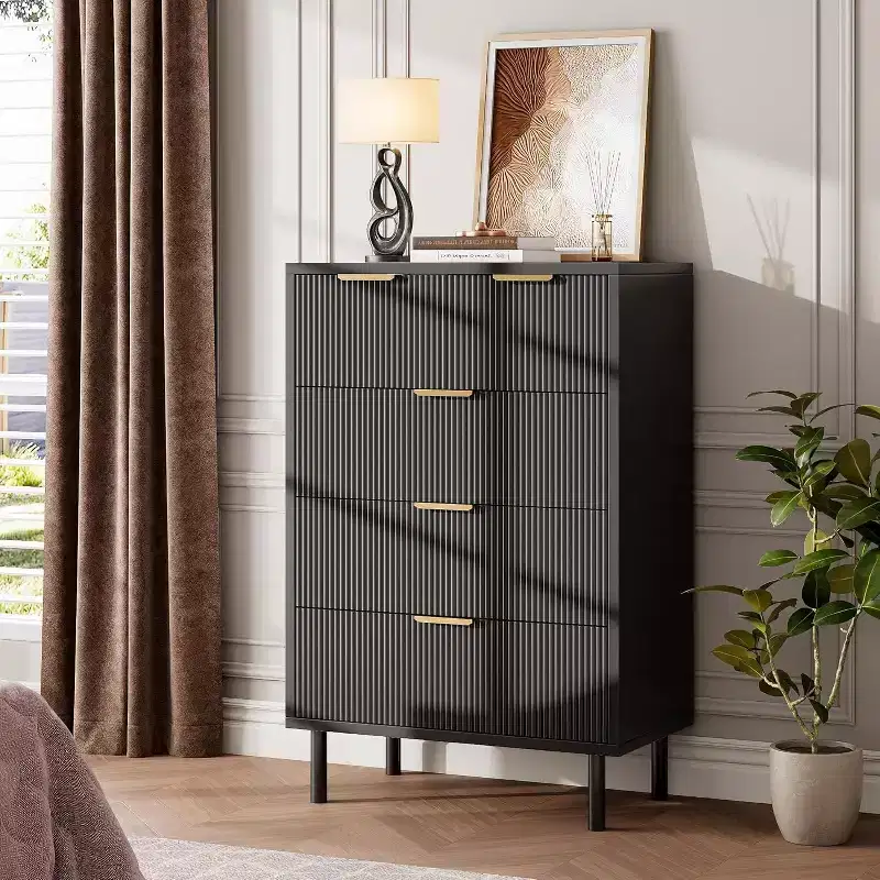 Acekool Wave Fluted 5-Drawer Dresser, 38 Tall Chest with Anti-Tip, Wide 4-Tier Nightstand for Bedroom, Hallway, Entryway, Black
