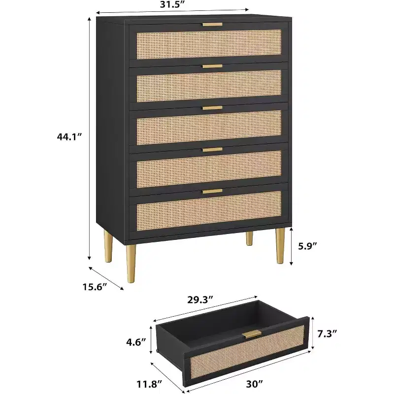 Tall Rattan 5-Drawer Dresser – Space-Saving Vertical Storage with Metal Accents
