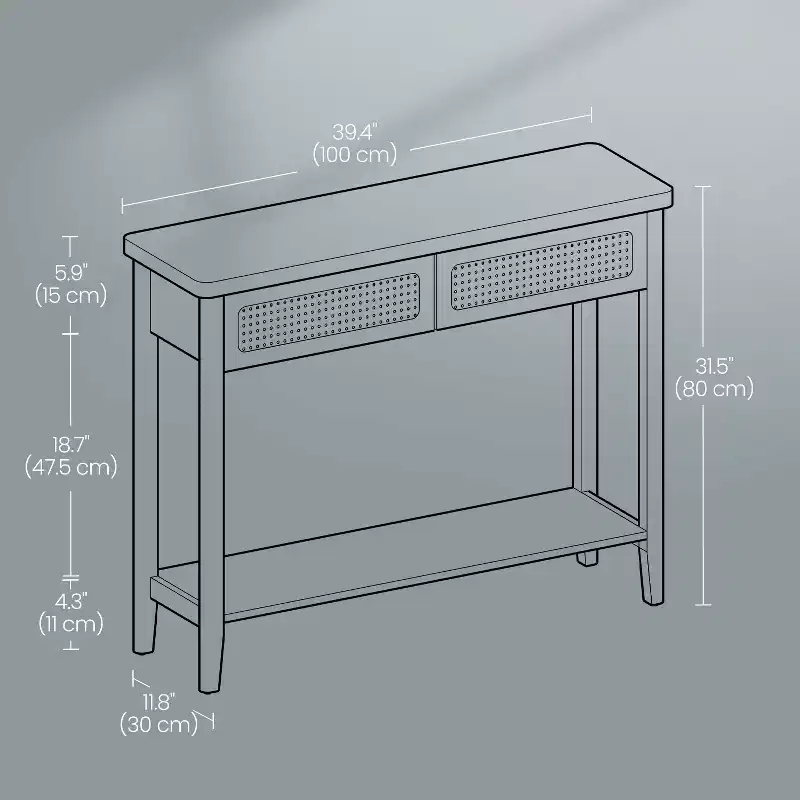 Rattan Console Table with 2 Drawers & Open Shelf, Narrow Entryway Table, 39.4
