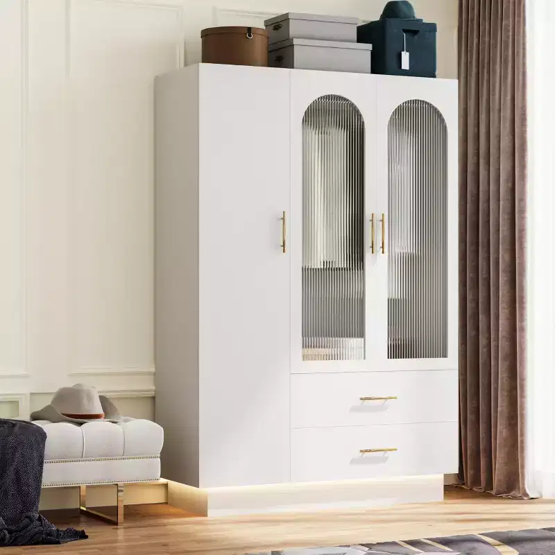 COZONY 71 White Bedroom Armoire, Wardrobe Closet with Fluted Glass Doors, Hanging Rod and Drawers