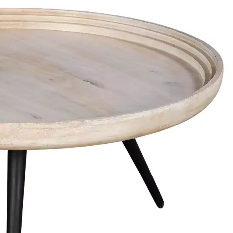 Coffee Table Round Tray Top Handcrafted Washed White Mango Wood, 30 Inch