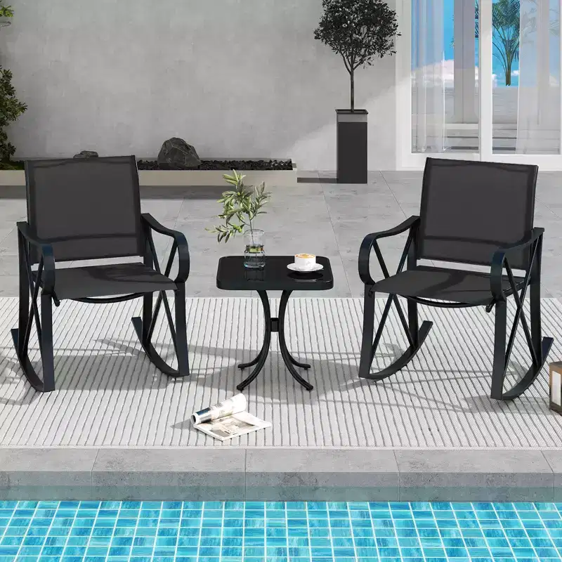 Costway 3 Piece Patio Rocking Set 2 Rocking Chairs w/ Tempered Glass Side Table