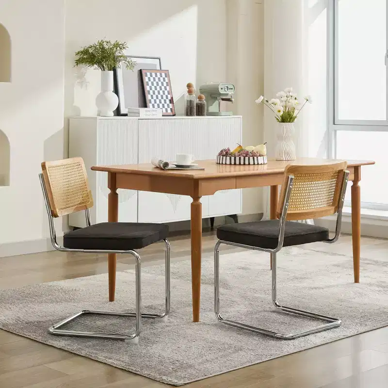 2Pcs Modern Dining Chairs with Linen Seat, Rattan Back & Chrome Base