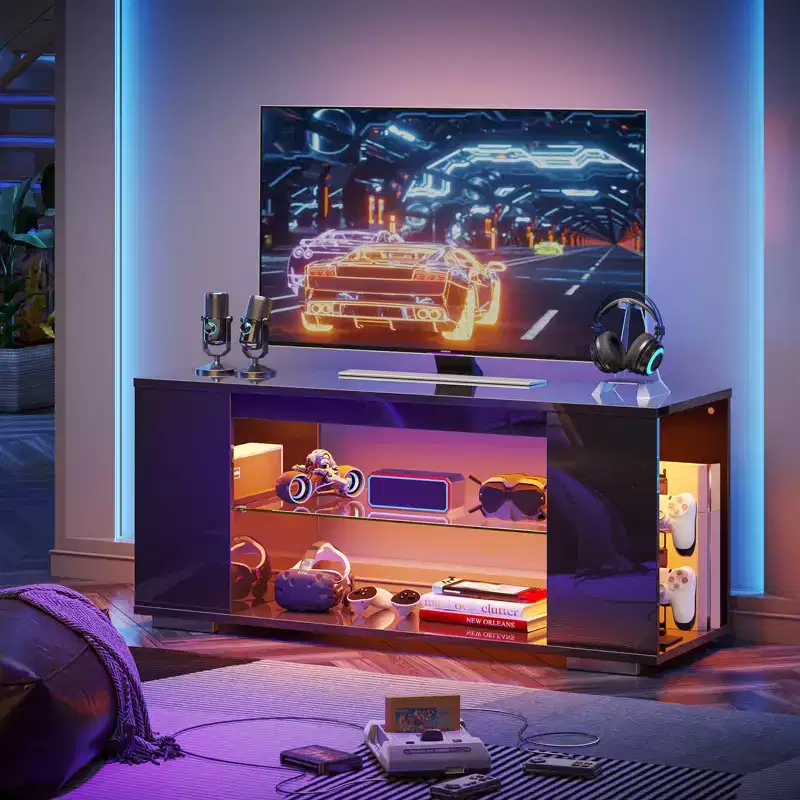 Particle Board TV Stand with LED Lights and Tempered Glass Shelves, 47.2