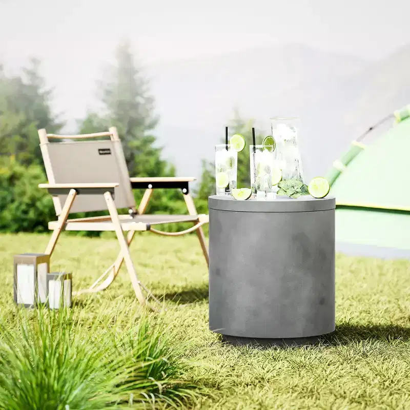 2.6 Gal Outdoor Side Table, 3-In-1 Concrete Cooler Bar Table with Storage, Removable Ice Bucket and Lid