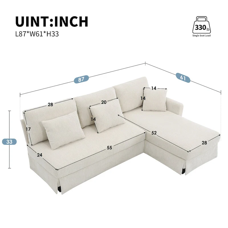 [VIDEO provided][New]87*61 Modern L-shaped Corduroy Sofa with Reversible Chaise,4-seat Upholstered Sectional Indoor Furniture,Co