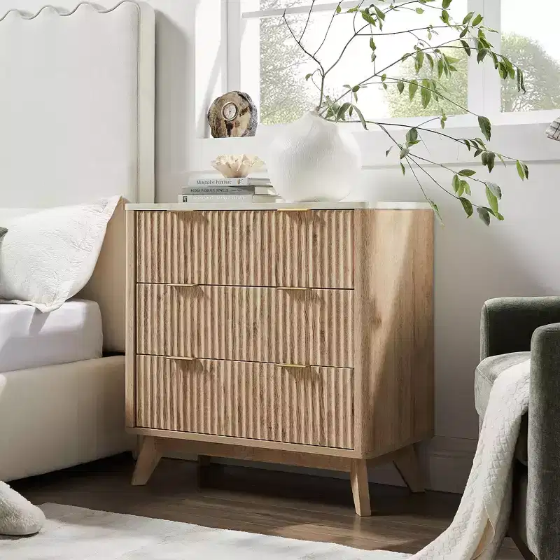 32 Tall Fluted Nightstand, Modern Side Table with Faux Marble Top, 3 Drawers End Table w/Storage, Bedside Table for Bedroom, Living Room