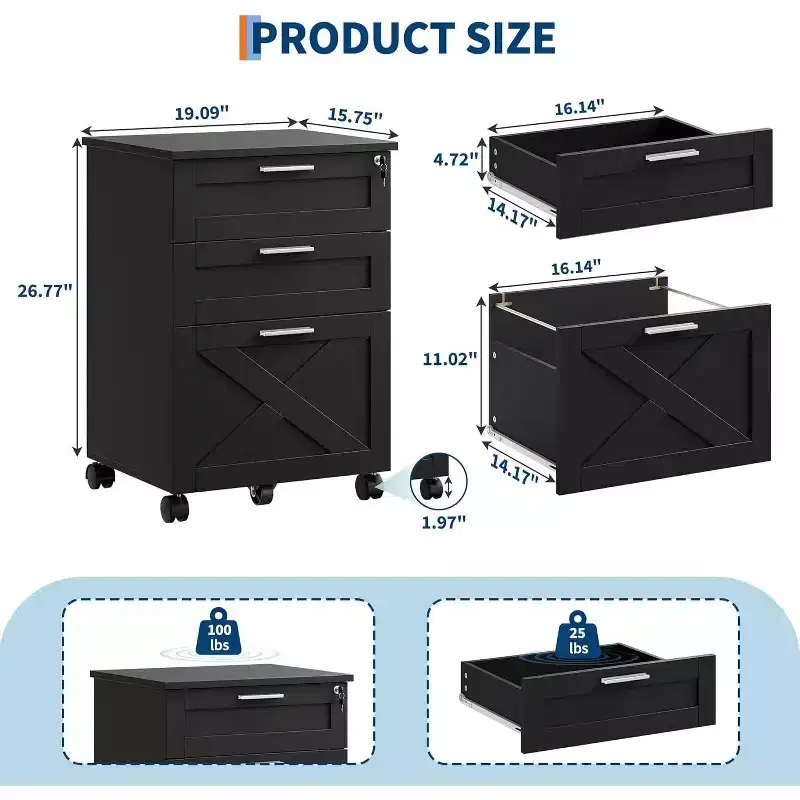 Wooden File Cabinet with Lock, Mobile Under Desk Filing Cabinet on Wheels, Fits a4/Letter, Rolling Storage Drawer Chest, Multi-Functional Organizer