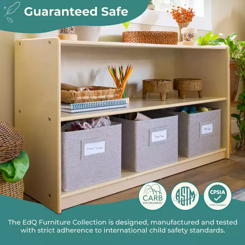 Natural / White 2-Shelf Open Storage Unit with 3 Fabric Bins – For Kids