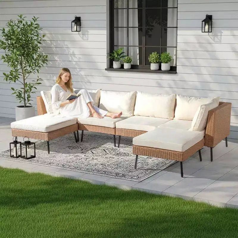 Karl Home Patio 6-Piece Yellow Wicker Sectional Sofa with Beige Cushions