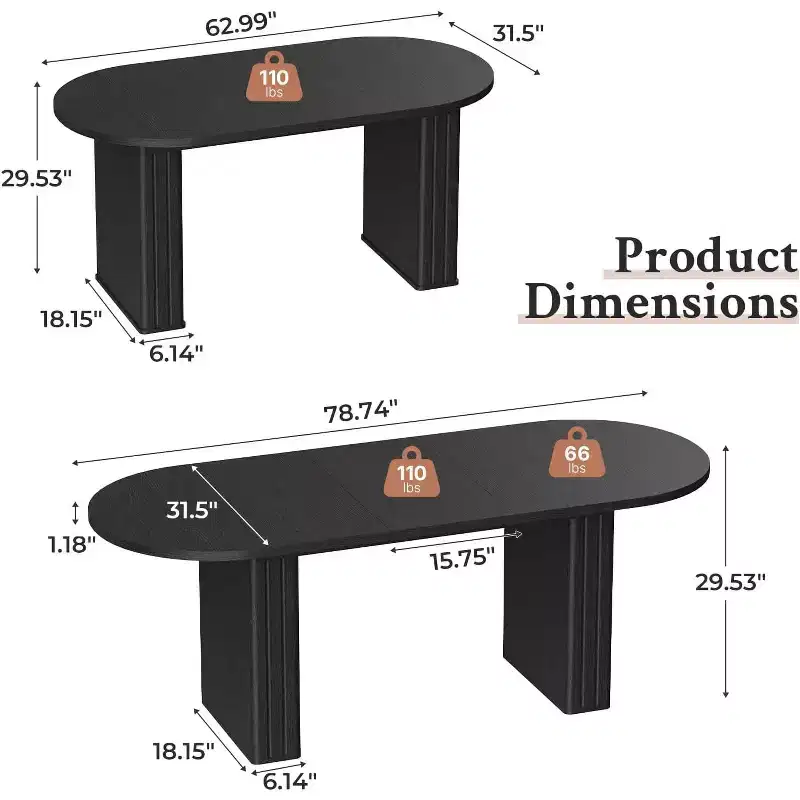 Extendable Oval Dining Table for 4–8 – Travertine-Inspired Finish, Rounded Corners, Black