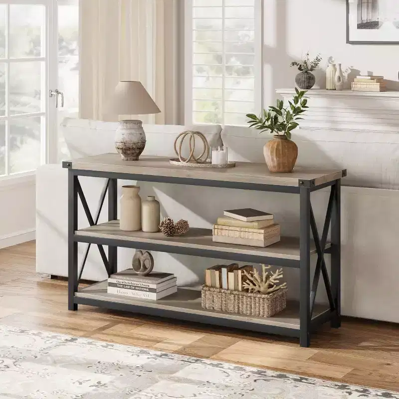 47-Inch Industrial Console Table with 3 Open Shelves, Long Entryway and Sofa Table, Narrow Storage Shelf for Hallway, Living Room, Bedroom