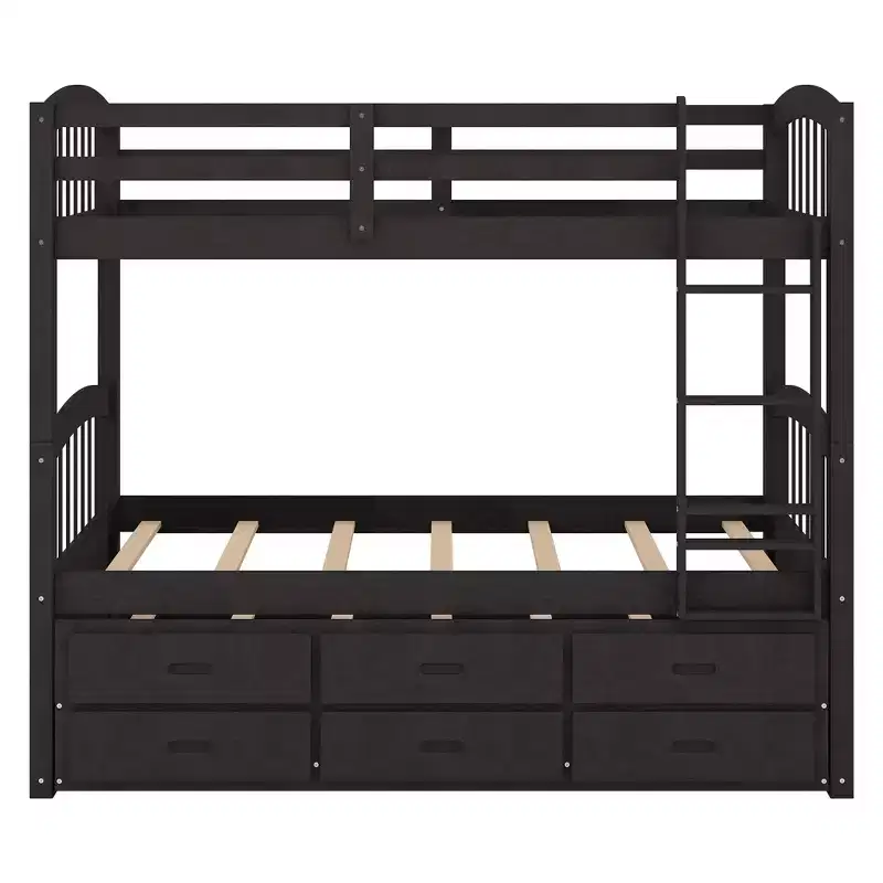 Twin over Twin Wood Bunk Bed with Ladder, Trundle & 3 Drawers – 400 lbs