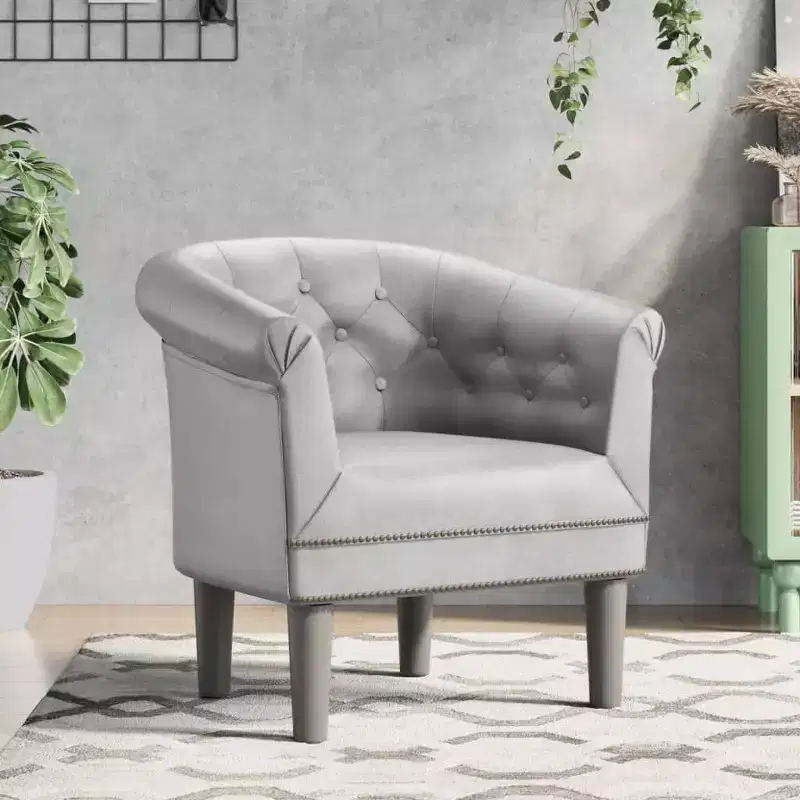 Stylish Tub Chair - Single, Silver Faux Leather, Foam, Pinewood & Plywood for Living Room or Office
