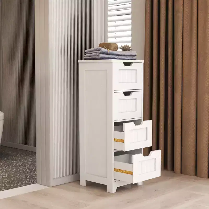 AndMakers 11.81 in. W. x 11.81 in. D x 32.68 in. H White Wood Linen Cabinet with 4 Drawers