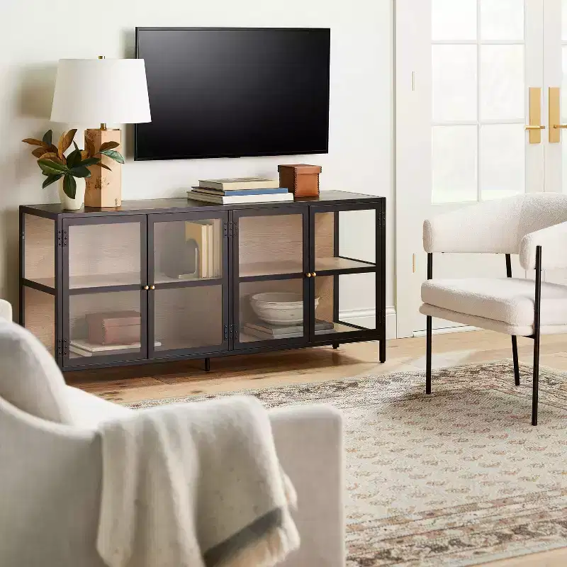 Glass TV Stand for TVs up to 59 in., Metal Frame with Wood Interior and Glass Doors