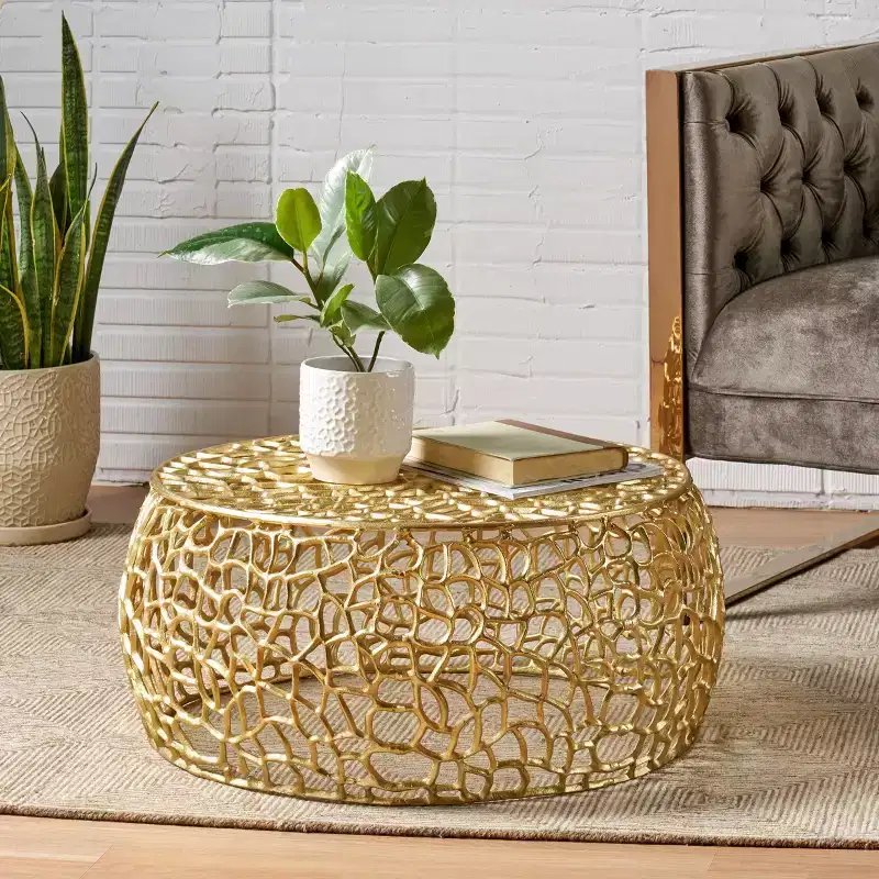 Christopher Knight Home Cortlandt Modern Handcrafted Aluminum Mesh Coffee Table Gold: Chic Pedestal Base, No Assembly Required