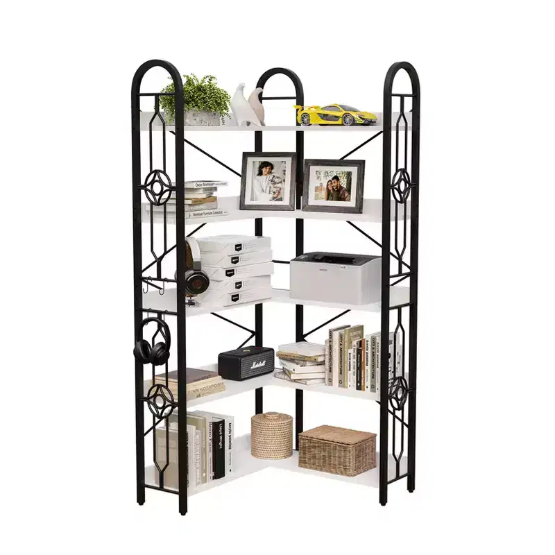 5-Tier Corner Bookshelf with Metal Frame, Space-Saving Storage Rack for Living Room or Office