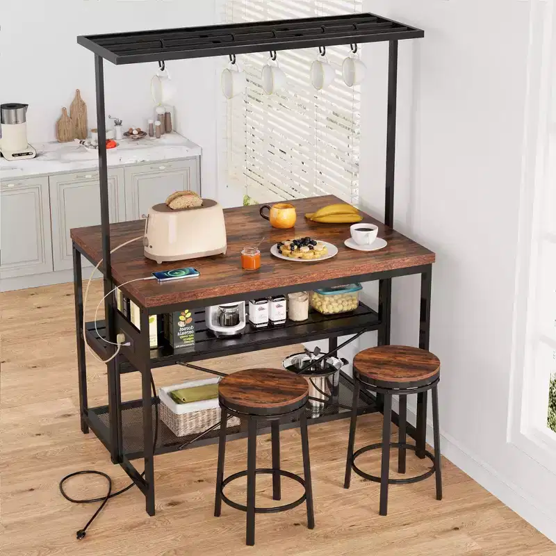 Kitchen Island, 47 Kitchen Island with Storage & Seating - 3-Tier Bakers Rack/Microwave Stand (5 Hooks) Multi-Function Table for Small Kitchens