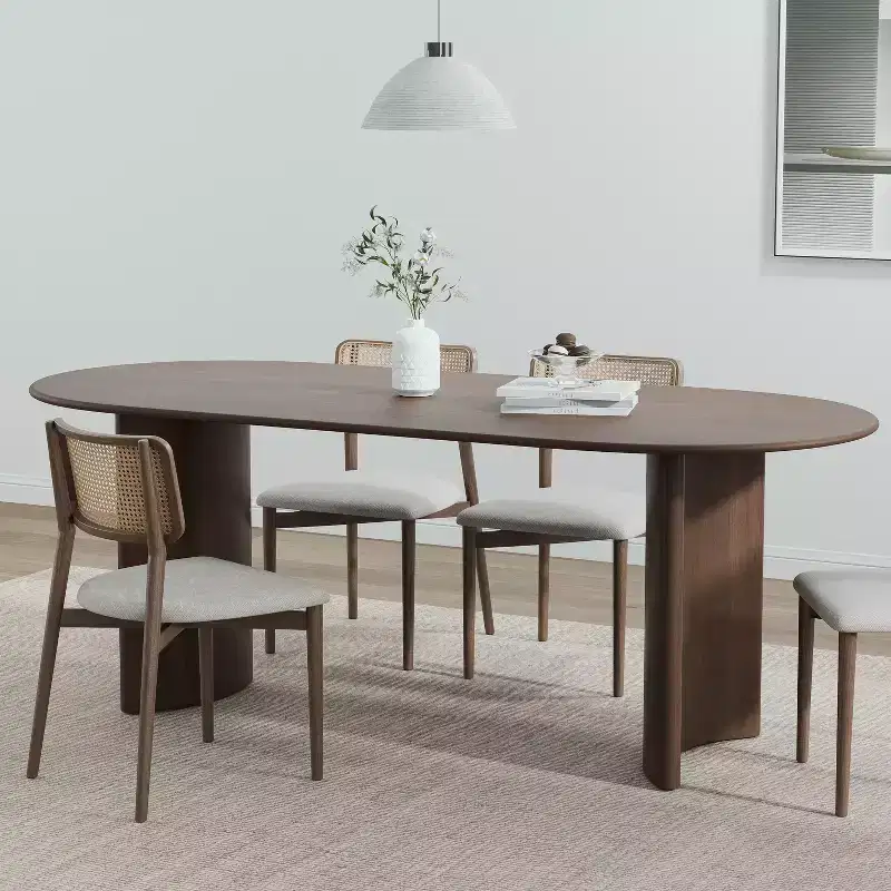 PexFix 67 Oval Dining Table Farmhouse Wood Kitchen Table for 4-6 with Arc-Shaped Edge Top and Curved Shape Base for Living/Dining Room in Walnut