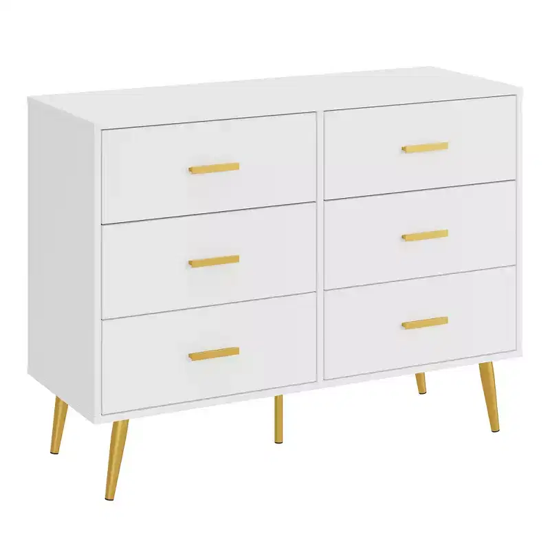 Modern 6 Drawer Wood Dresser with Gold Tone Handles for Bedroom Living Room
