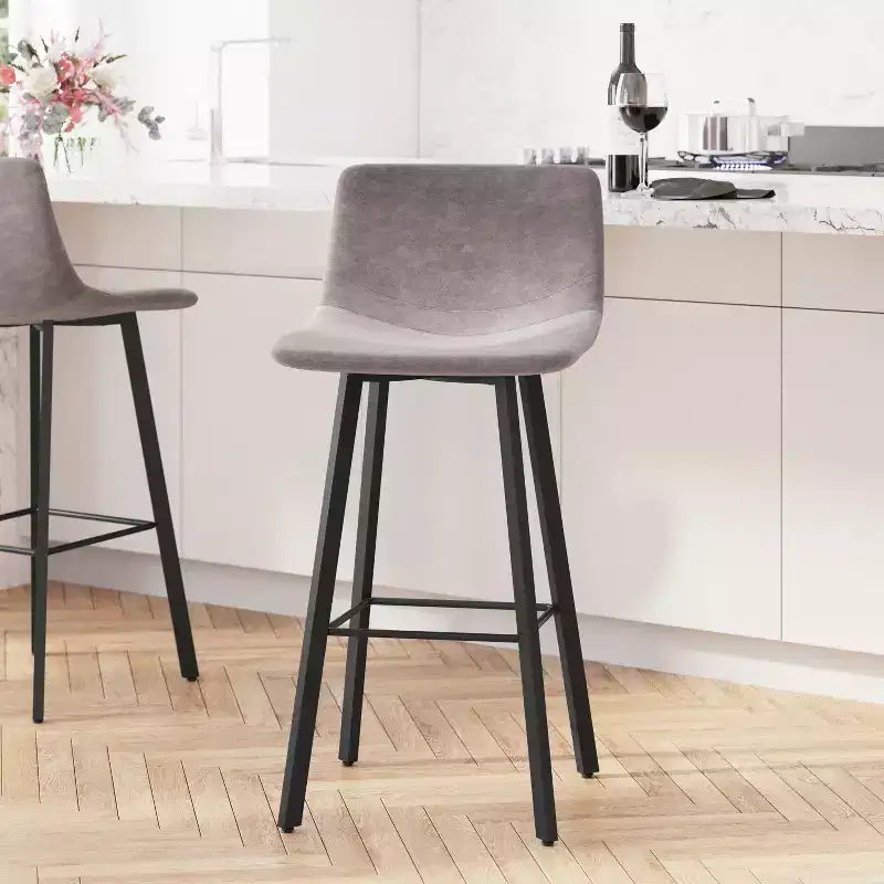 Merrick Lane Set of 2 Modern Upholstered Stools with Contoured, Low Back Bucket Seats and Iron Frames